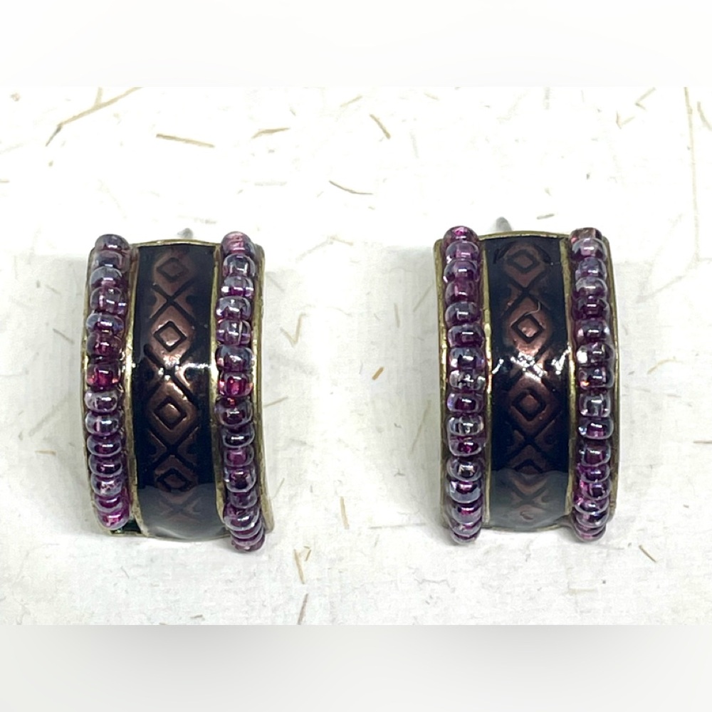 Vintage Brown Enamel Diamond Pattern Purple Bead Bronze Half Hoop Post Earrings